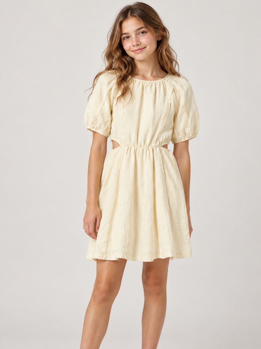 Zara Girls 100% Linen Puff Sleeve Cutout Dress Cream 13–14